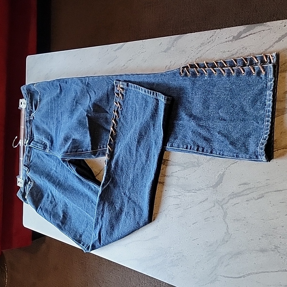 JACKIE BLUE Denim Split Flare Hem w/Faux Leather detailing High Rise size 12